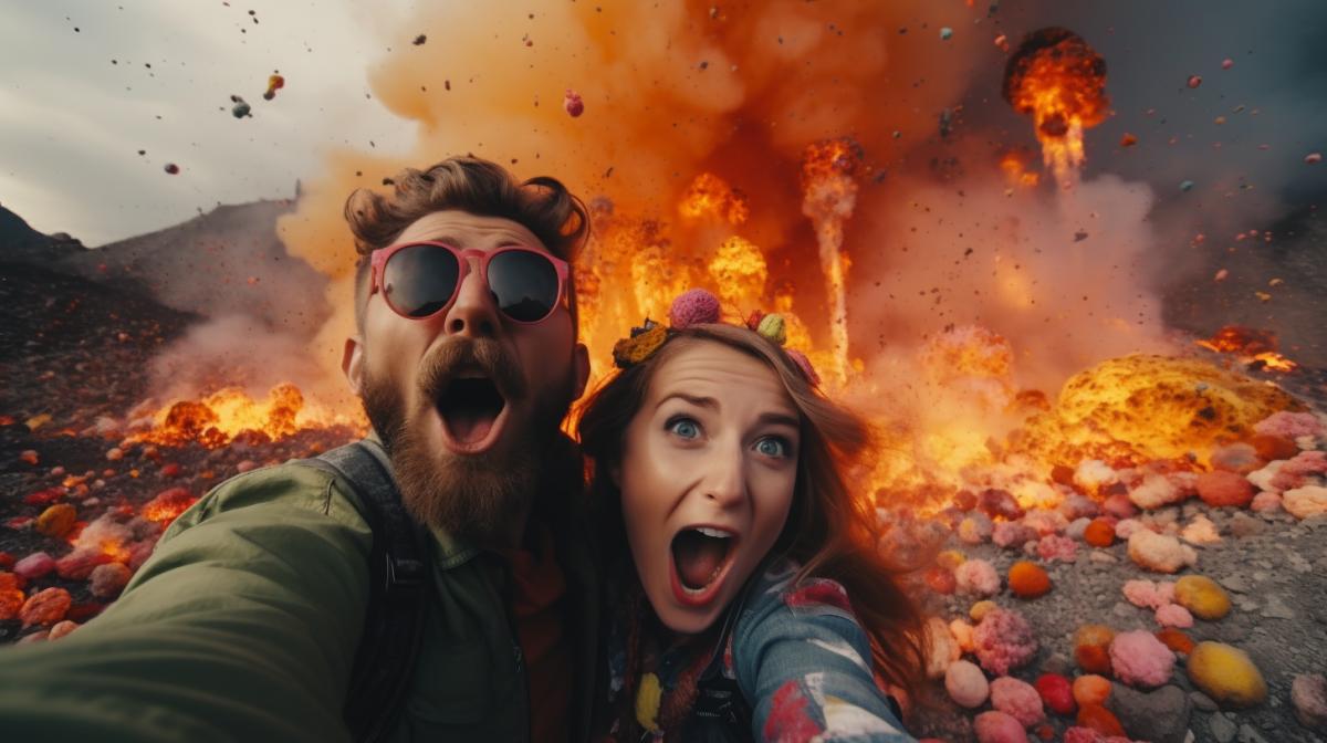 People take selfies against the background of a volcano spewing various sweets and colorful candies beautiful landscape live photography best quality 4k advertising design