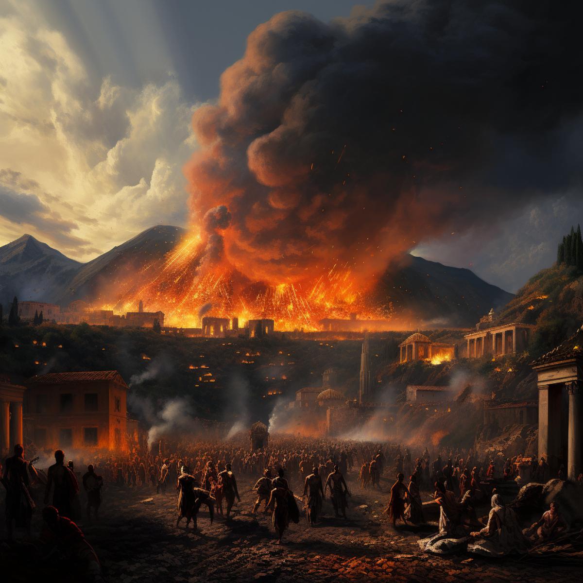 Picture of the last day of Pompeii in a photo-realistic style, in the background a flaming volcano and lava