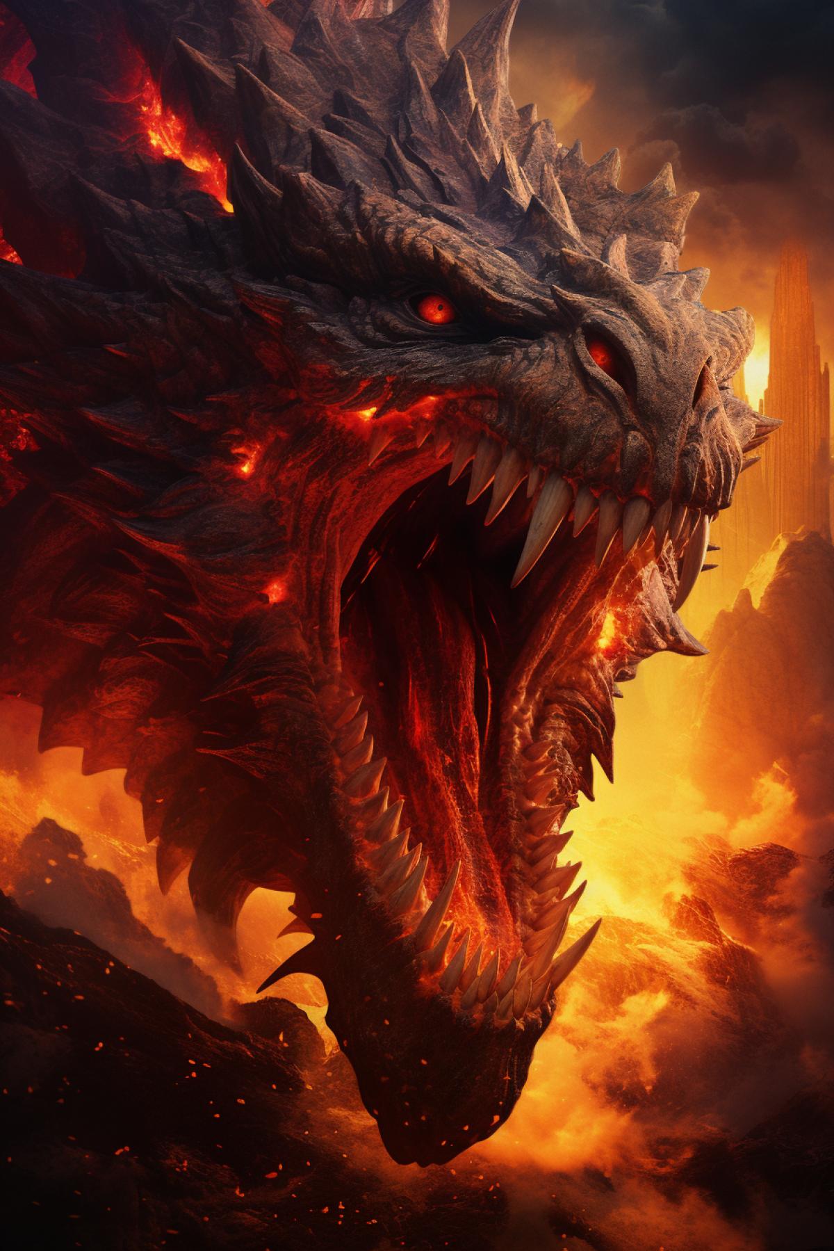 Fire elemental in the form of a dragon in the mouth of a volcano, fire from the mouth, high detail