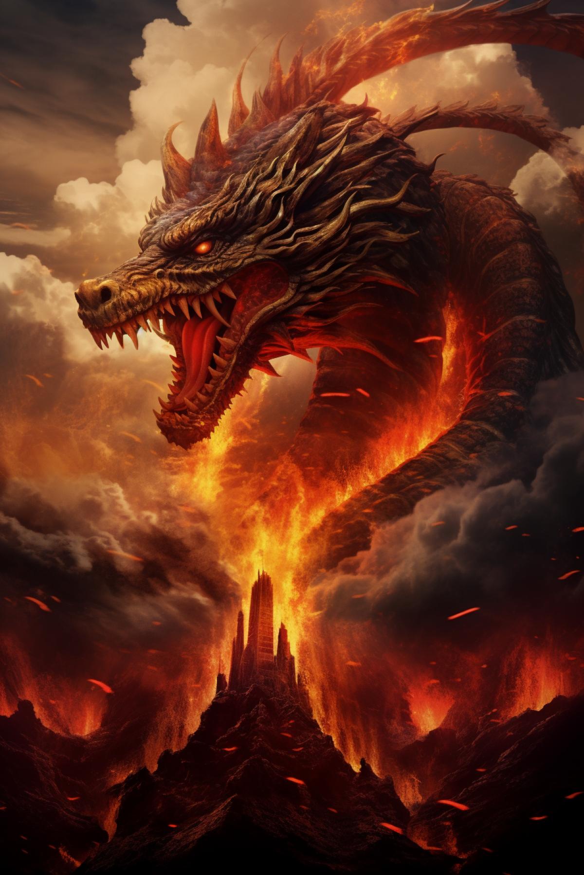 Chinese dragon at the mouth of a volcano Gltransparent volcano fantasy sparks Steampunk magic