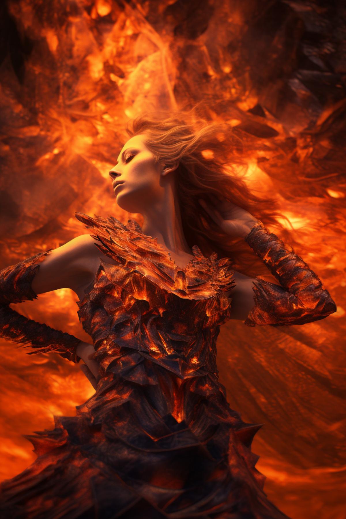 Beautiful fire goddess in the arms of fire in an erupting volcano