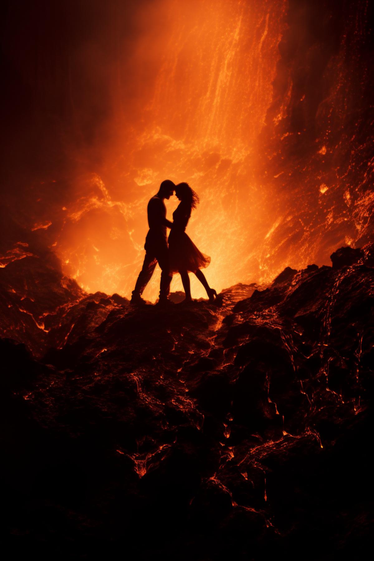 Dance of two fiery silhouettes of people in the abyss of a volcanic eruption