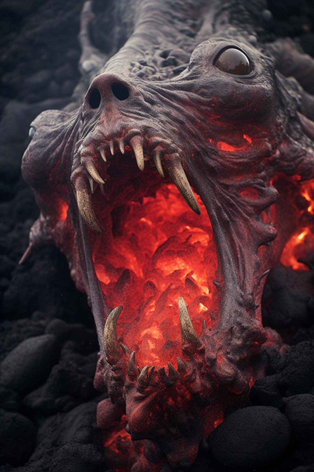 Fantastic creatures emerge from the mouth of an erupting volcano