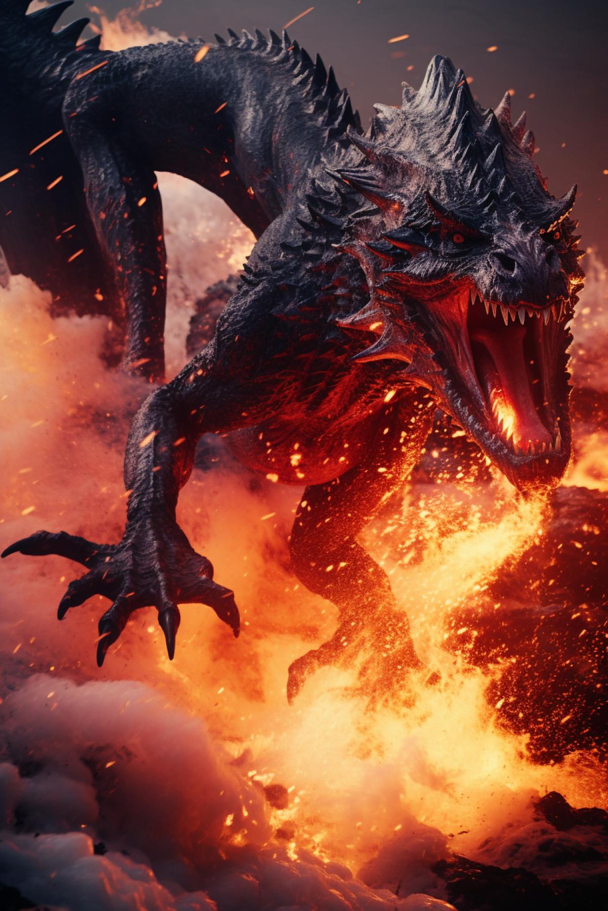 A lava dragon breaks ice during a volcanic eruption