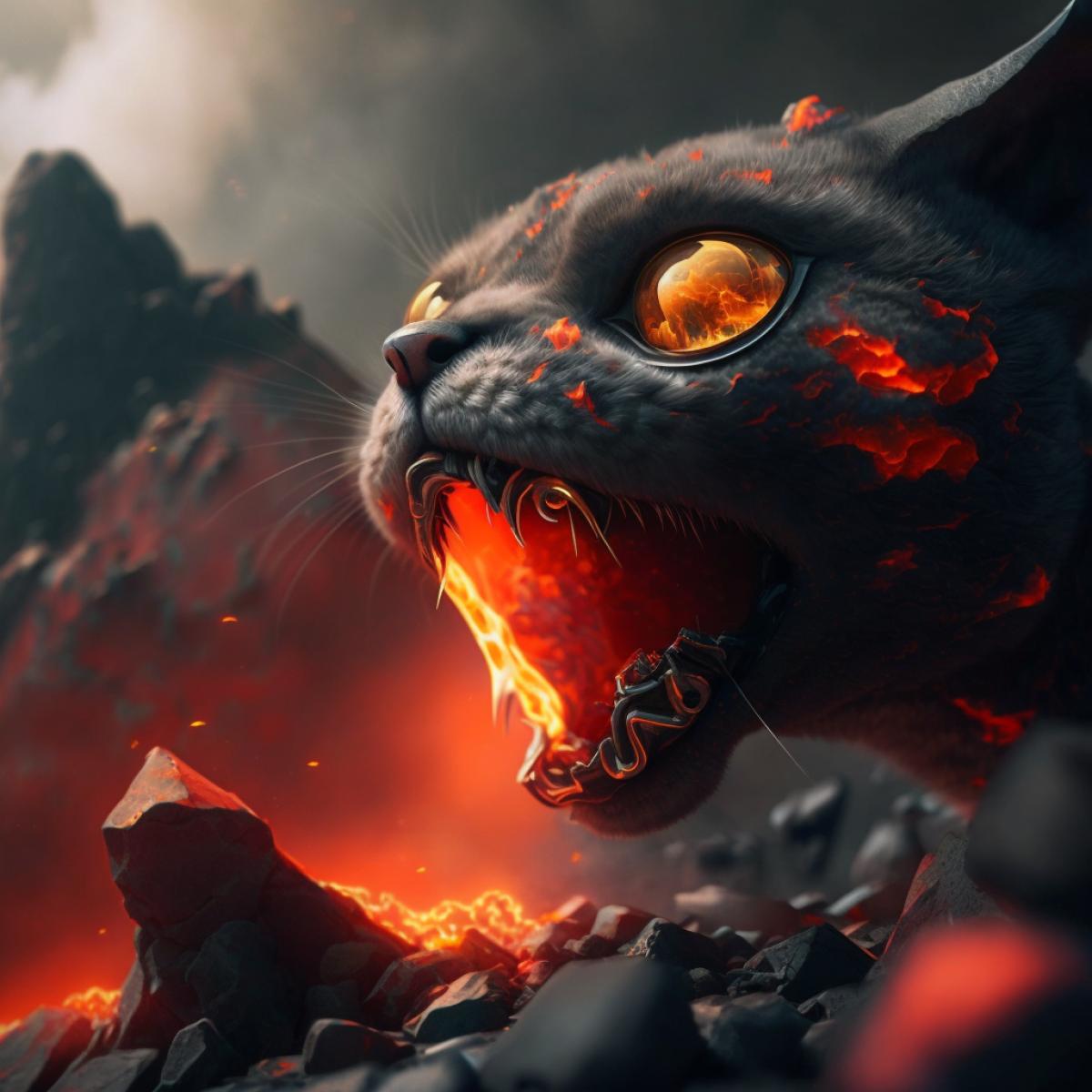 A robotic cat licks hot magma straight from the mouth of an erupting volcano. Art photography. Shallow depth of field.