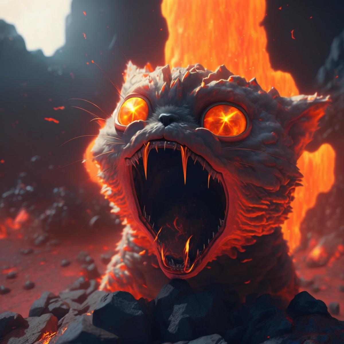 A robotic cat licks hot magma straight from the mouth of an erupting volcano. Art photography. Shallow depth of field.