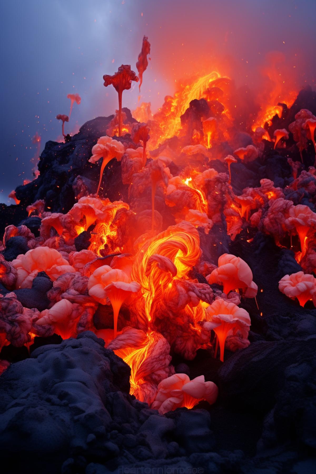 Fiery flowers in the mouth of the volcano, fabulous