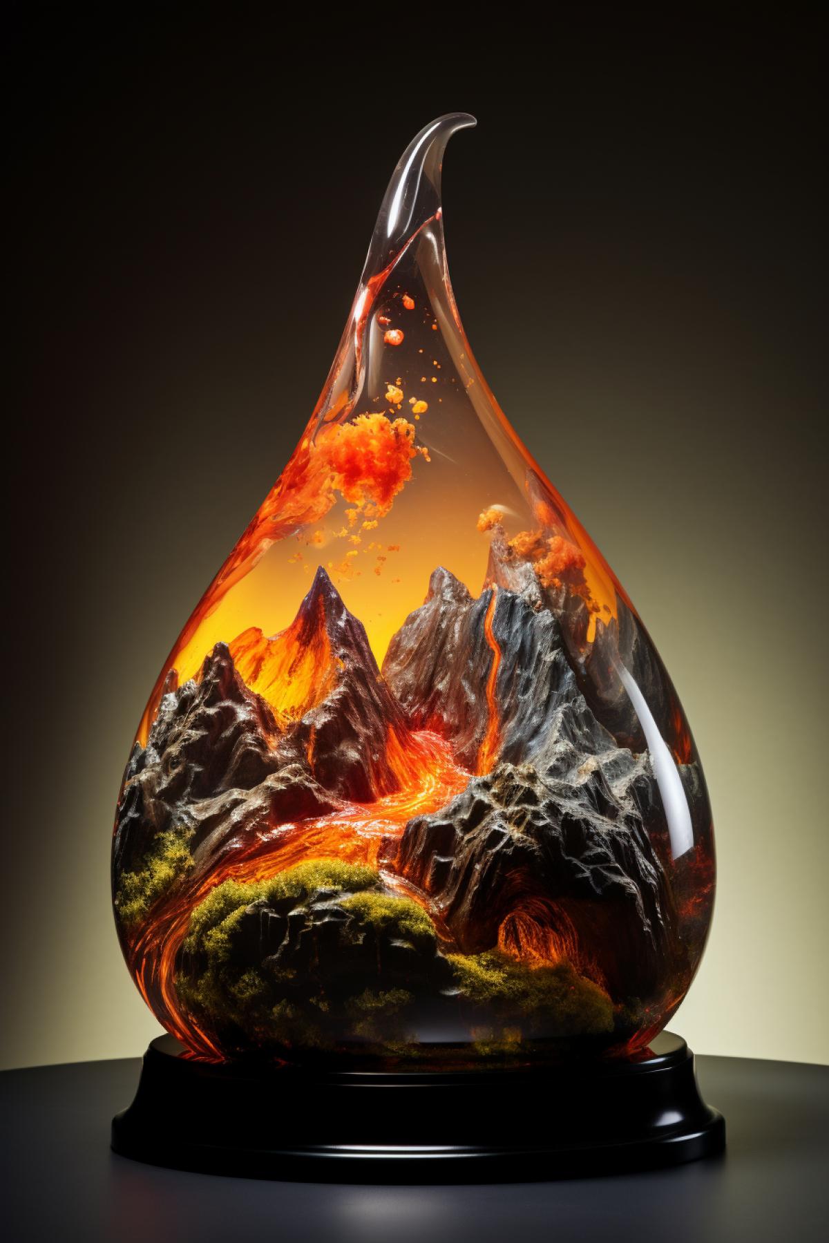 Volcano made of glass, fire inside, lava flows, art object