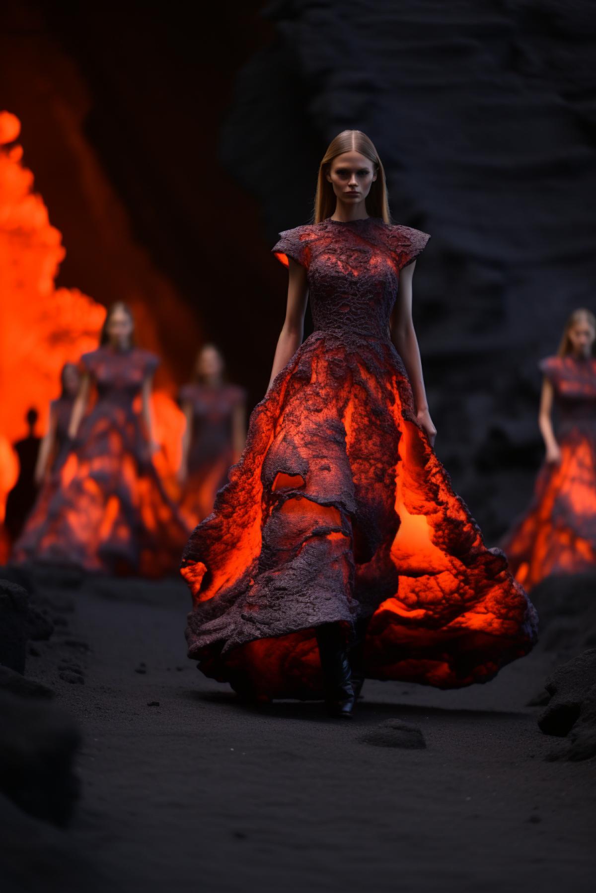 Models walk the runway in fiery dresses against the backdrop of a volcanic eruption, futuristic fashion