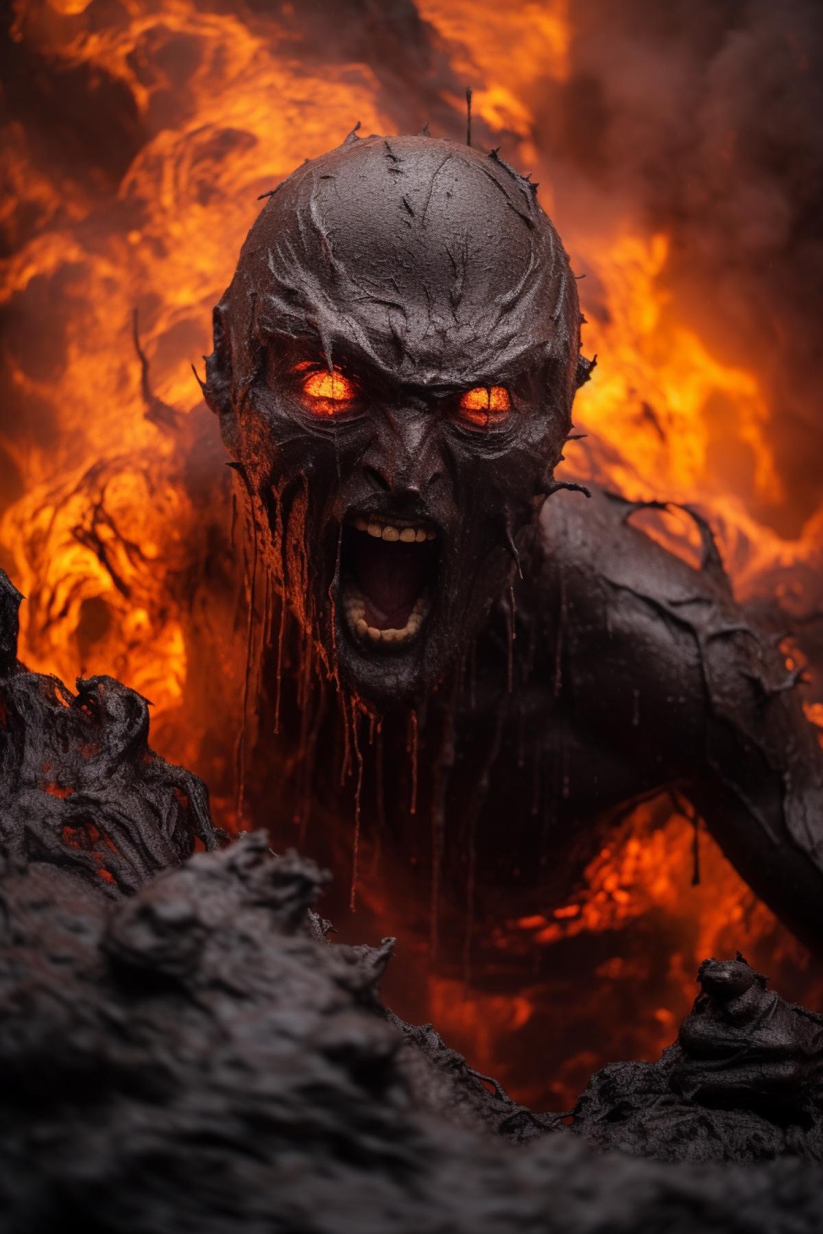 Demon breaks out of the volcano, hellfire