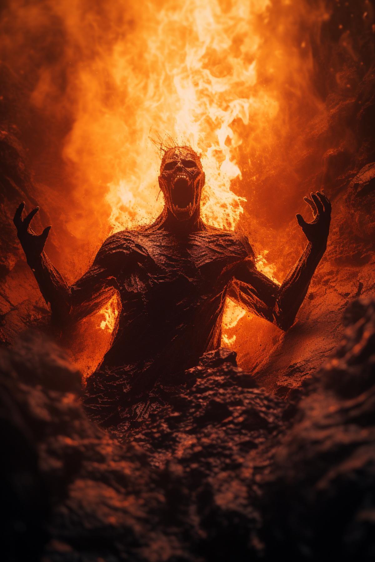 Demon breaks out of the volcano, hellfire