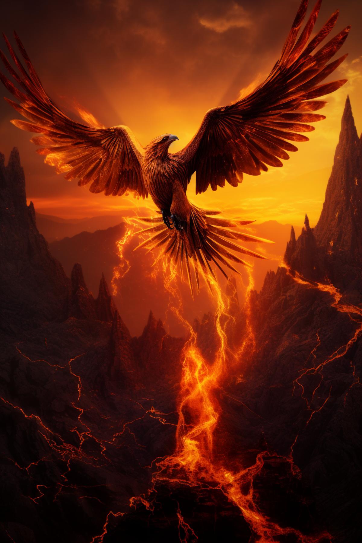 A fiery phoenix flies out of a volcano