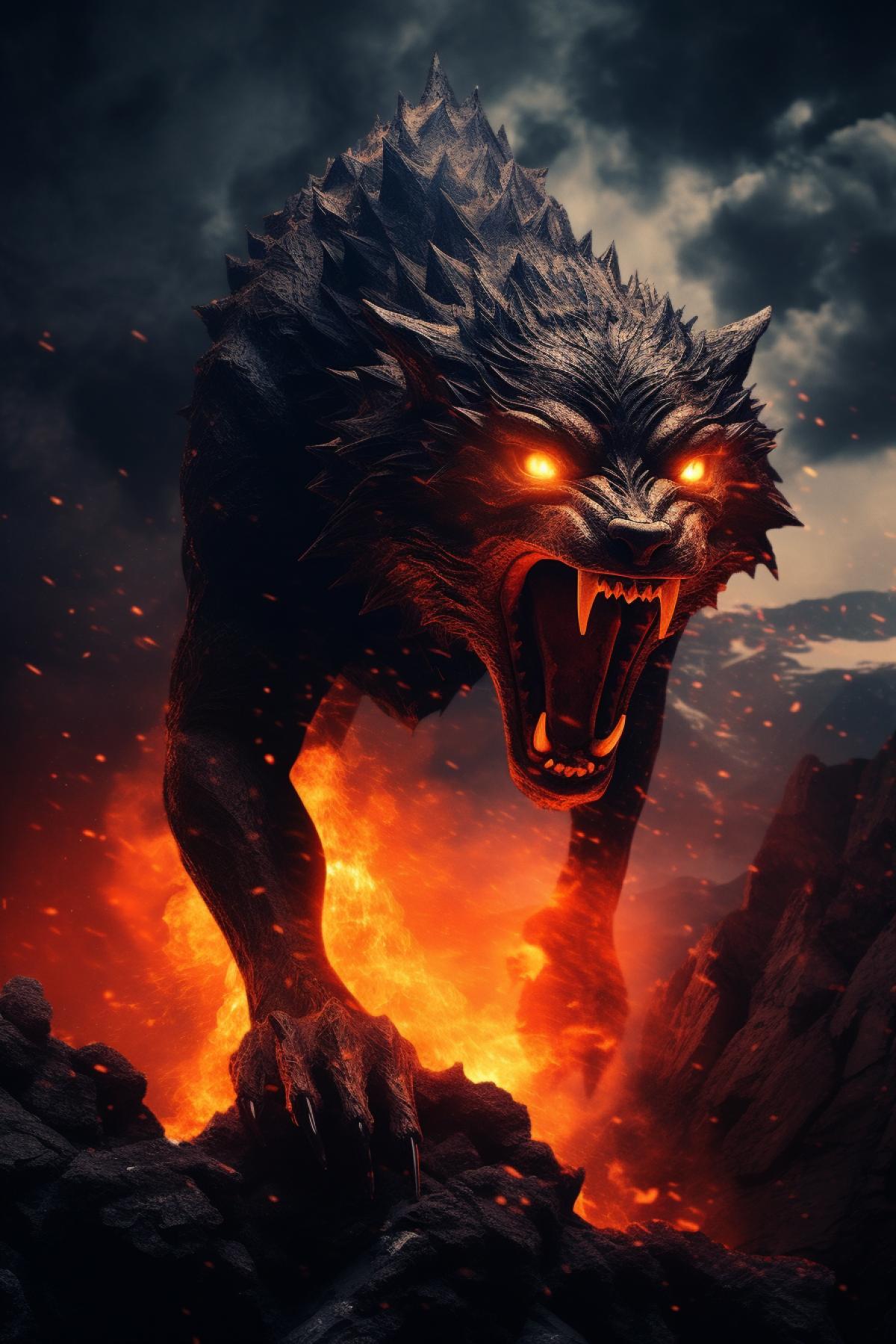 Fiery wolf demon Fenrir on the background of a volcanic eruption