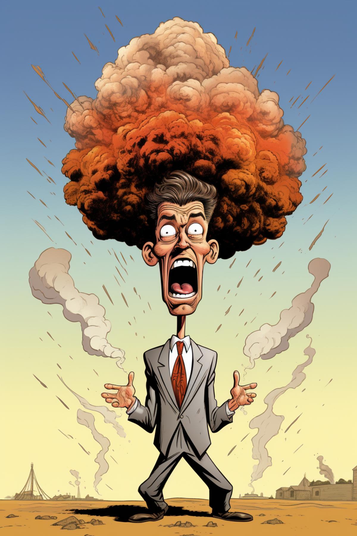 A man whose brain exploded in the form of a volcano, humorous, caricature
