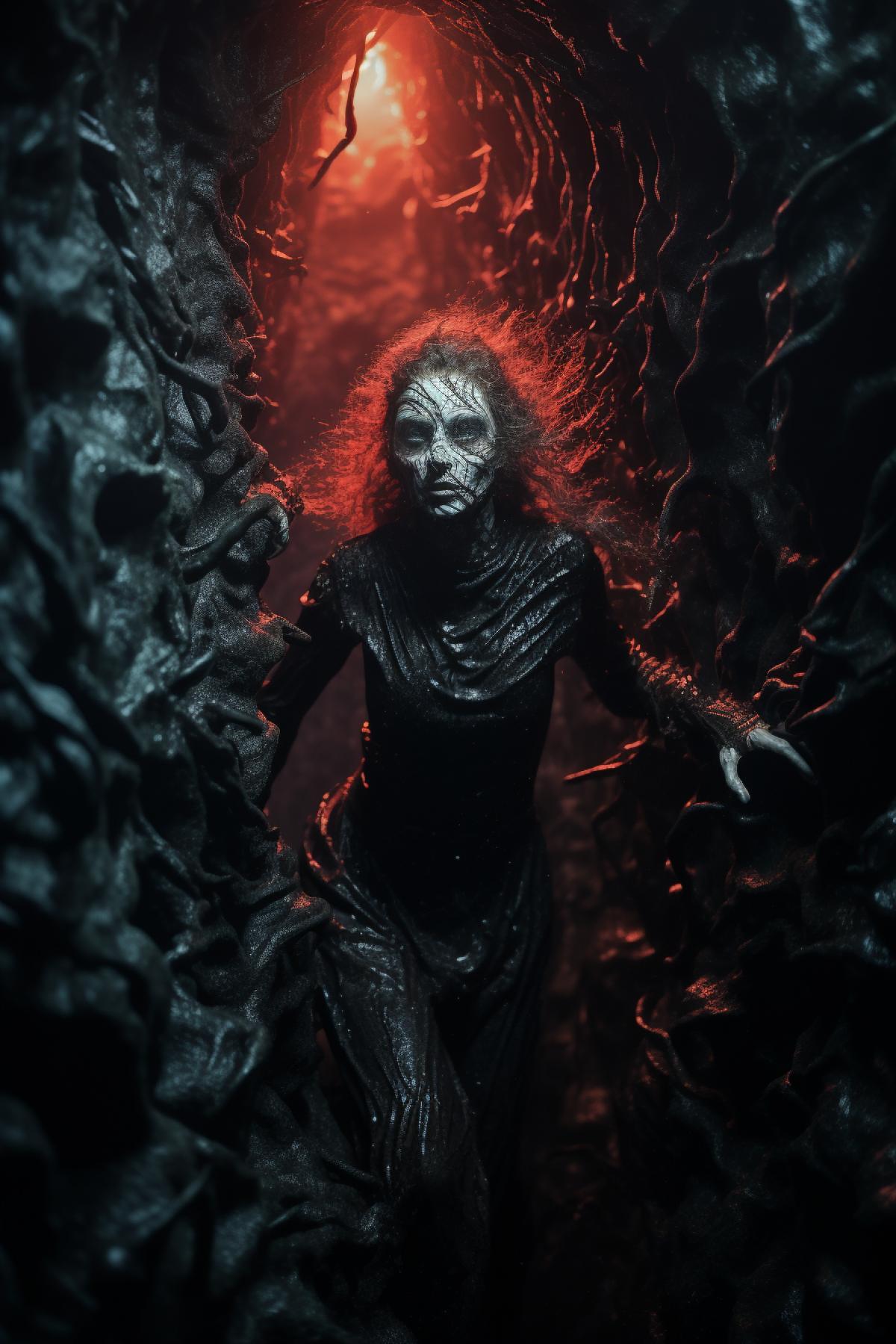 Demonic mermaid swims in volcanic lava