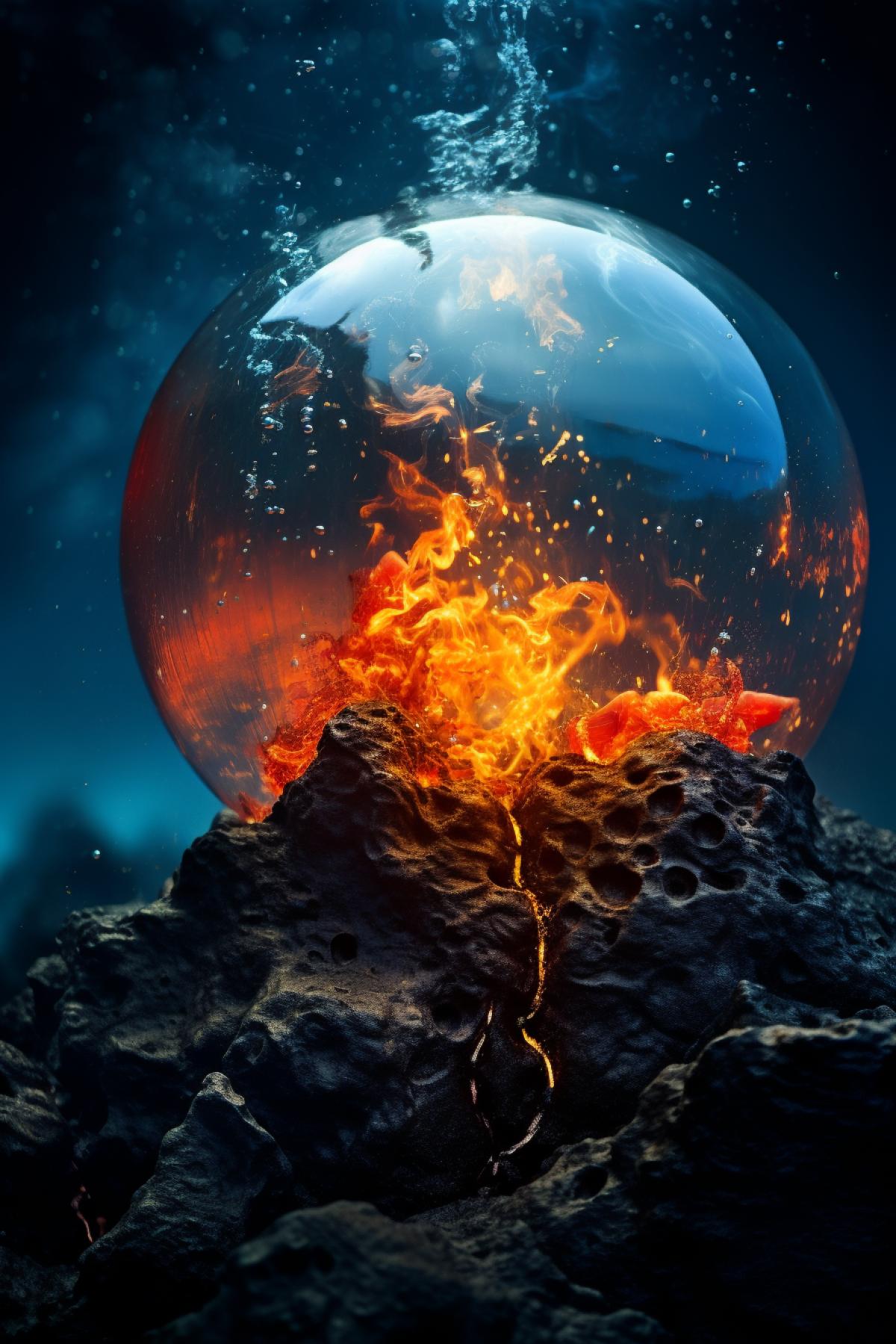 Volcanic flame imprisoned in a gldome at the bottom of the ocean