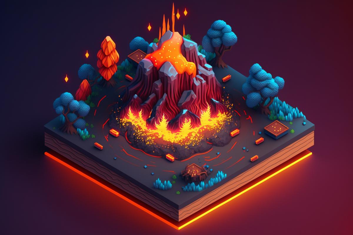 volcanic eruption | 3D model of an isometric blender | splashes, smoke and lava | MMORPG Structure | natural details | Dark background raw style