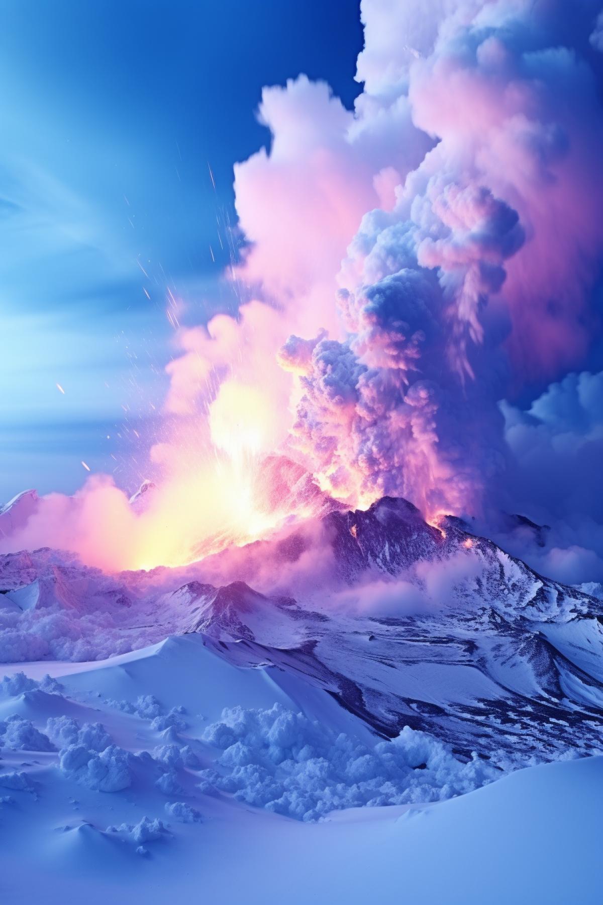 Ice volcano eruption from ice and snow, purple and blue lava color