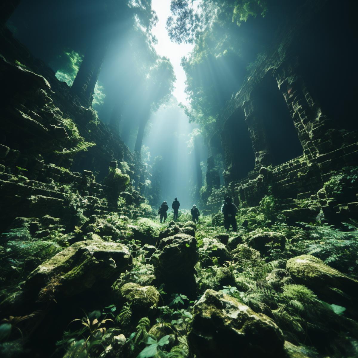 Prehistoric sunken city, scuba divers explore the flooded city, high quality photo