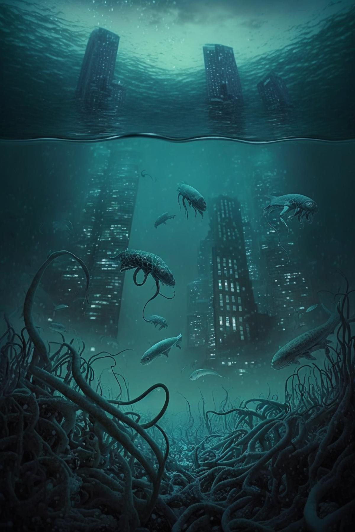 Sunken city, octopuses swim among underwater skyscrapers, dim light underwater