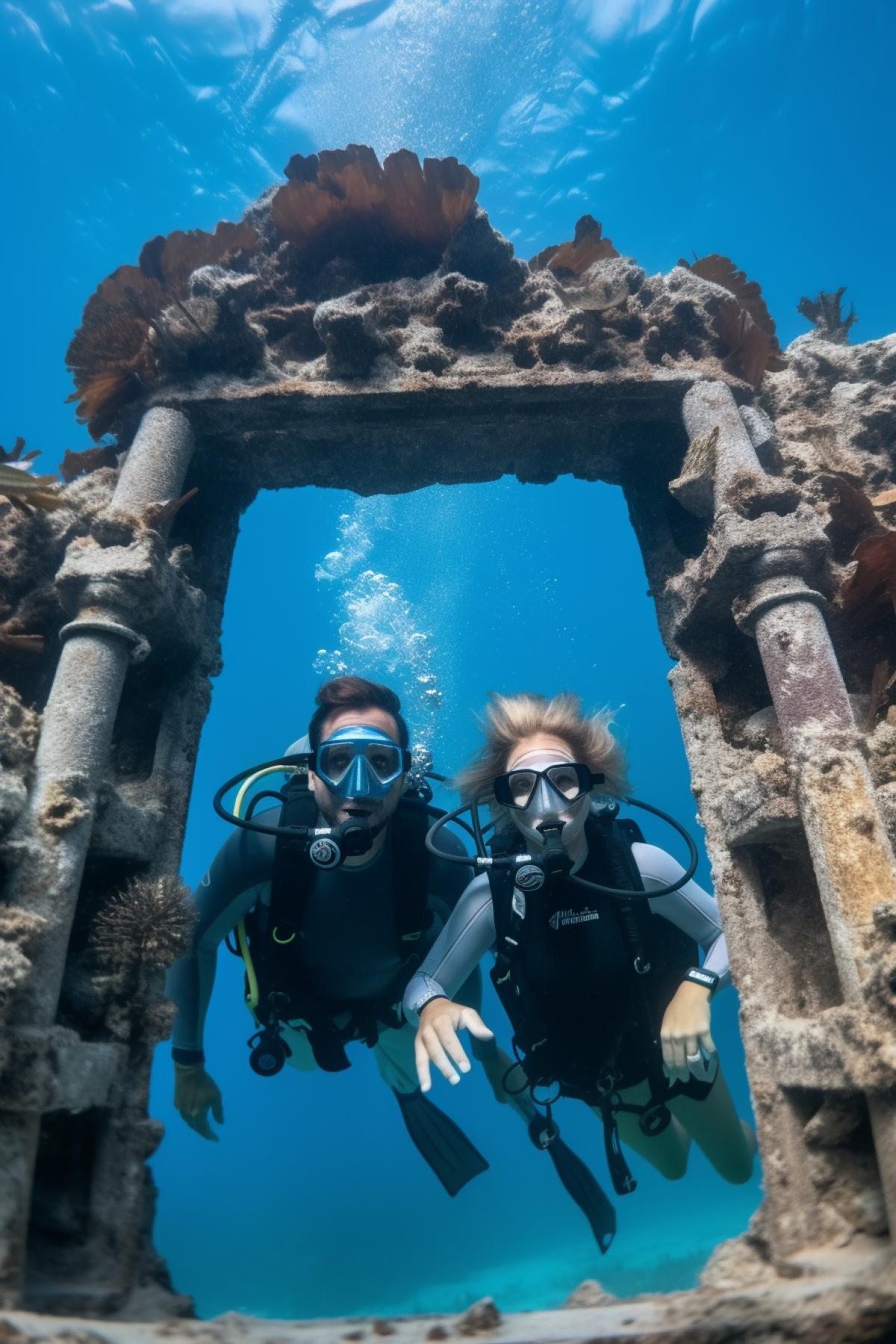 Explorers in the front of gate of the lost island Atlantis, underwater 8k