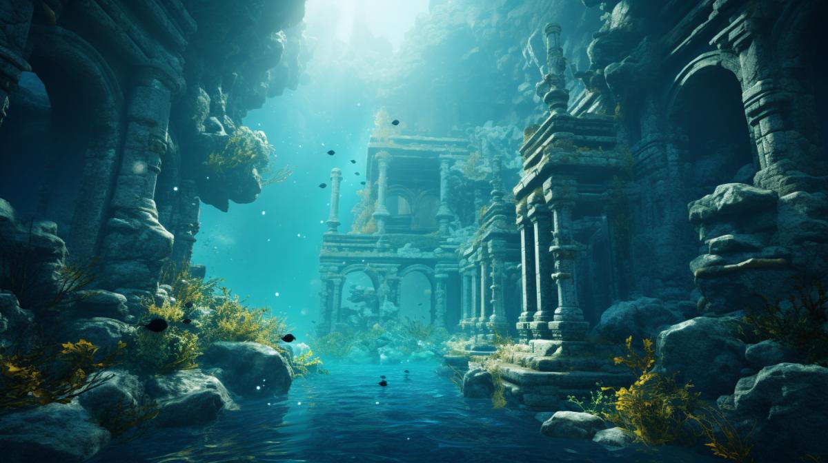 hyper realistic ancient underwater city , photorealistic, hyperdetailed,