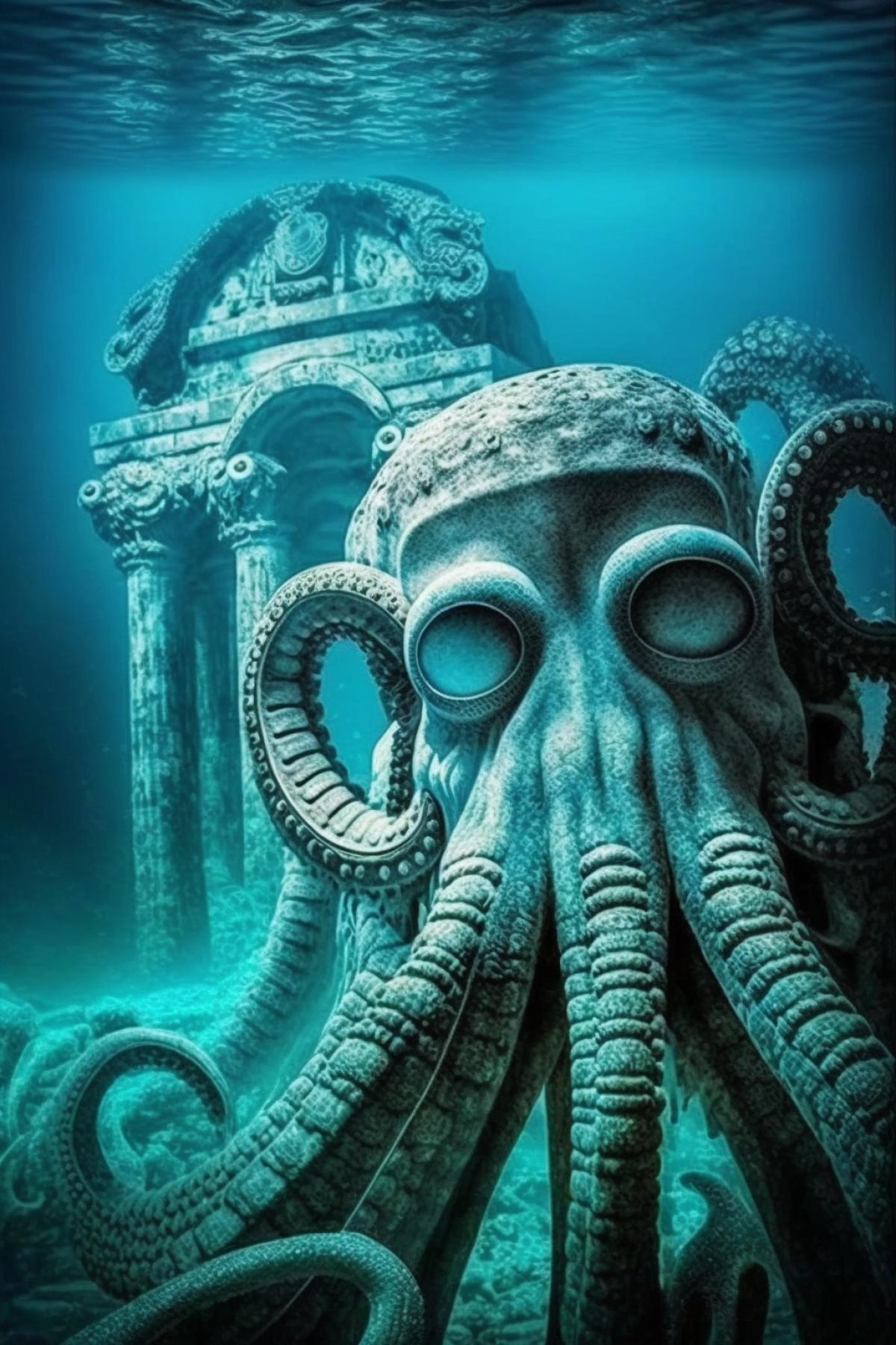Sunken mysterious civilization, ruins underwater, octopuses swim