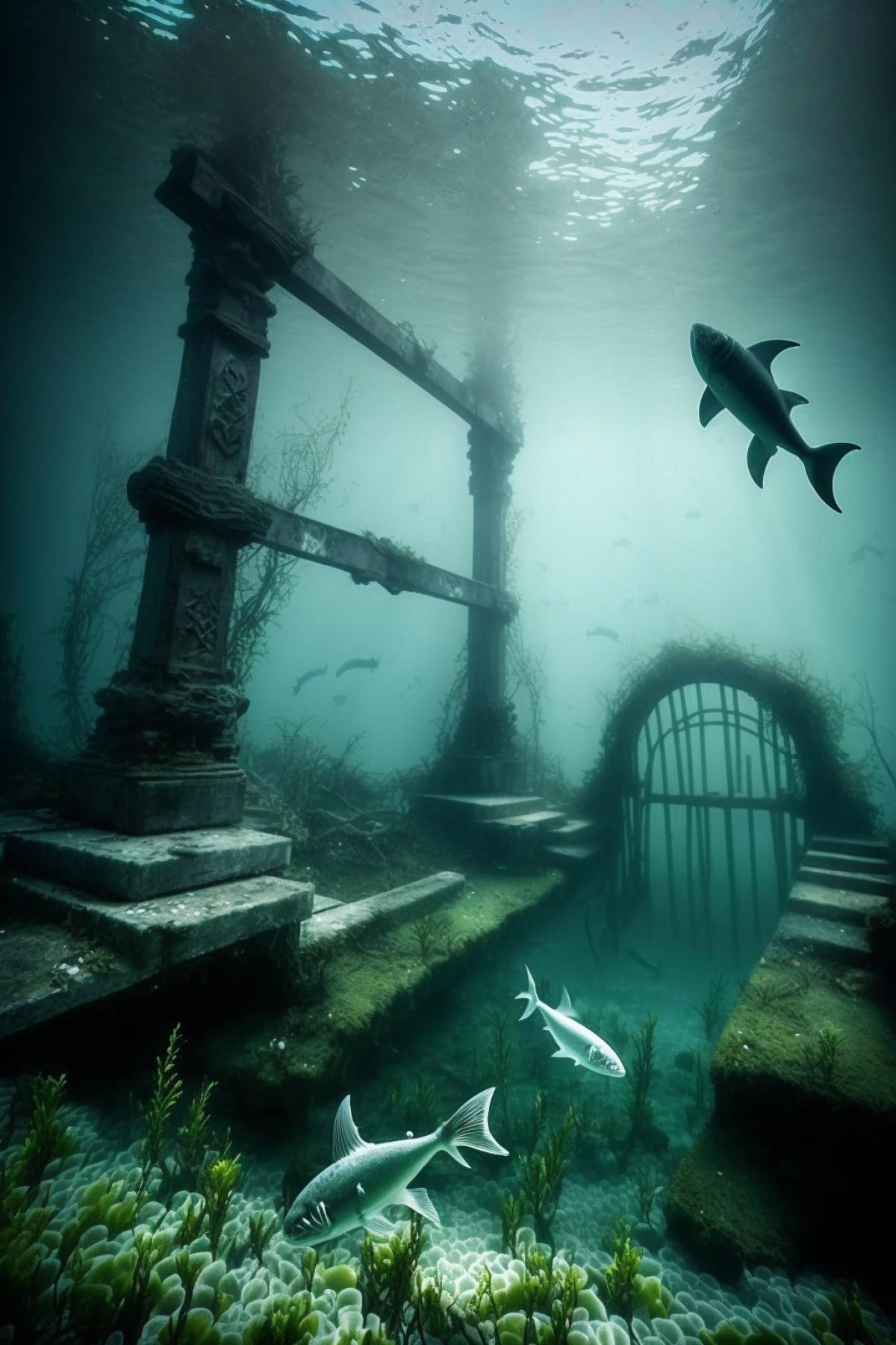 Sunken ominous cemetery, fish swim.