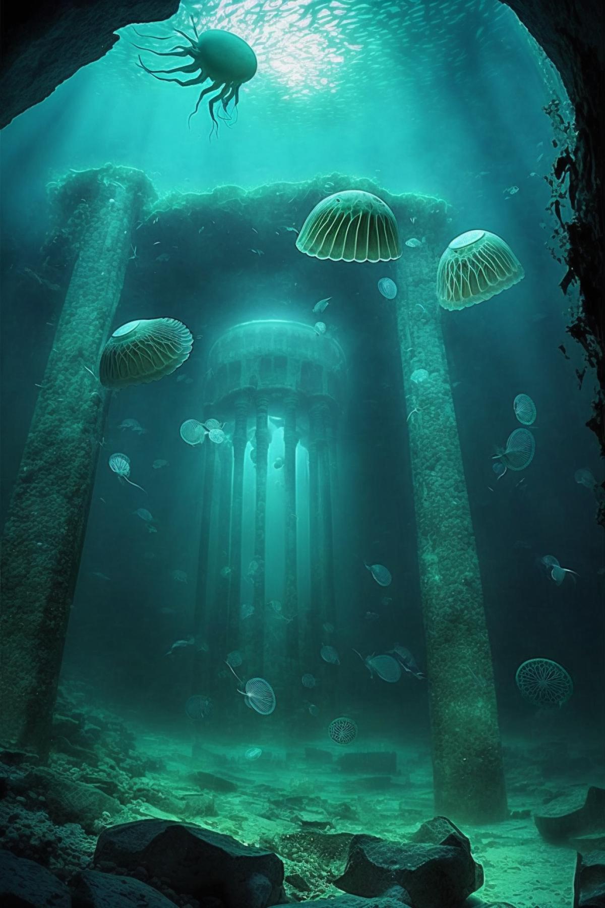 Sunken industrial city, dim light underwater, many beautiful jellyfish swim