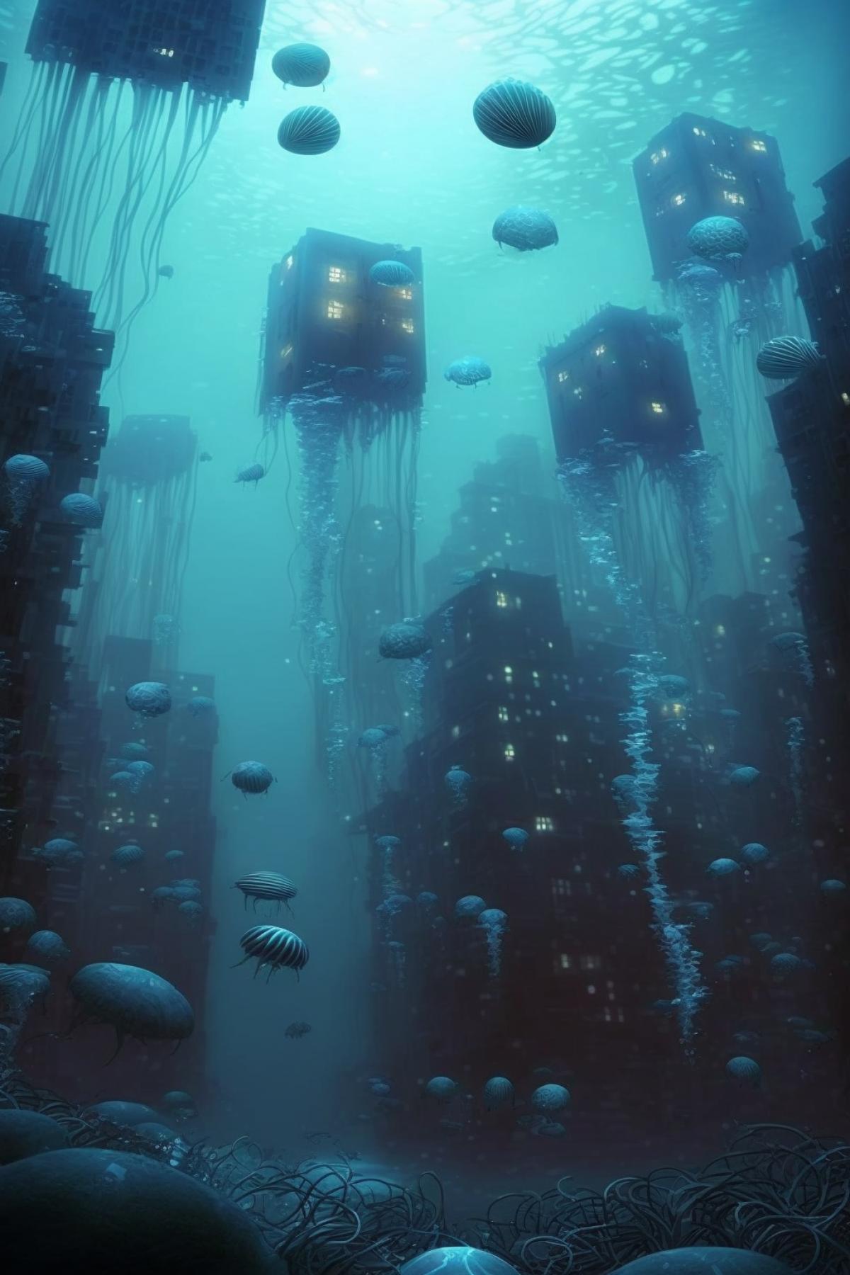 Sunken industrial city, dim light underwater, many beautiful jellyfish swim