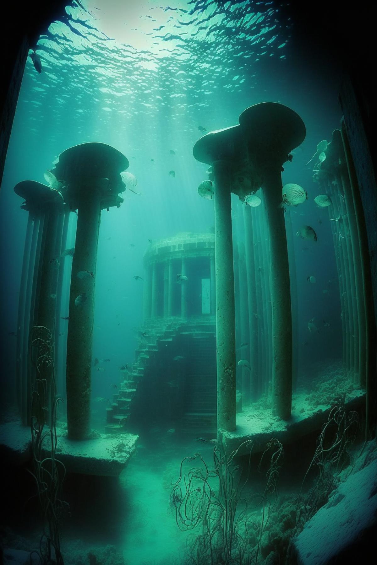 Sunken industrial city, dim light underwater, many beautiful jellyfish swim