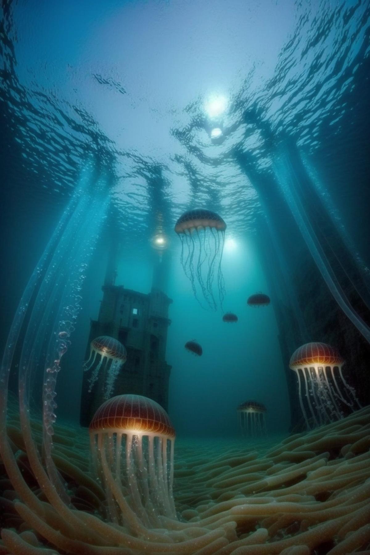 Sunken industrial city, dim light underwater, many beautiful jellyfish swim