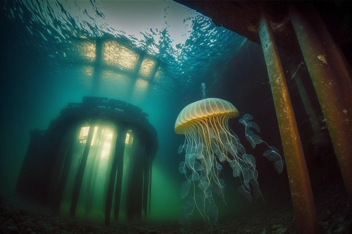 Sunken Moscow, luminous jellyfish swim among the ruins