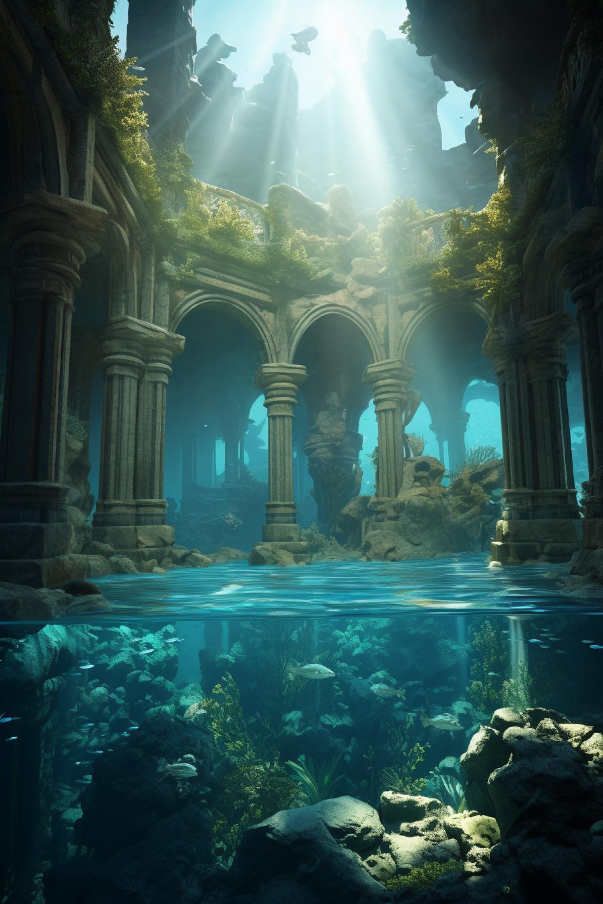 Realistic ancient ruins, antidiluvian, archaic paleofuturistic, atlantis, mu, waterfall that is flowing in an underwater pool, in the style of medieval and renaissance, temple, soft renderings, religious building, fine fog, kevin hill, masonry, golden palette, kushan empire, beauty, photorealistic, 8K