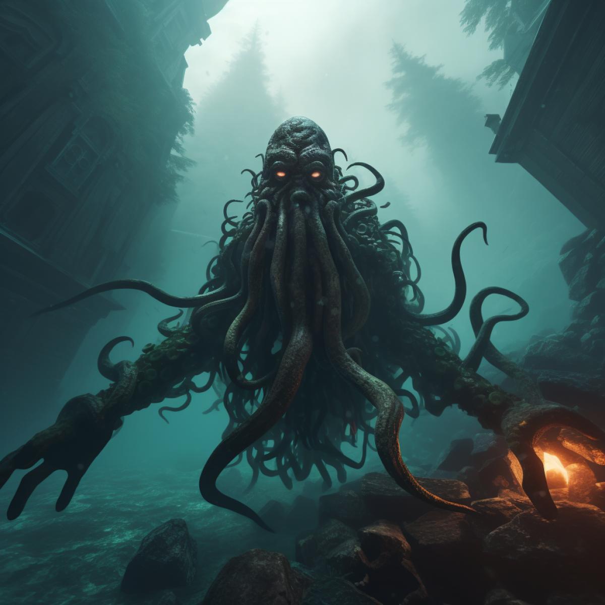 Creepy monster with tentacles underwater against the background of a sunken ancient city, photo
