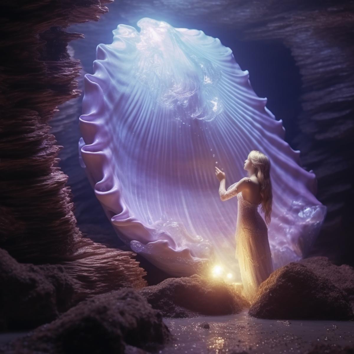 beautiful blonde long haired attractive mermaid finds a beautiful shining pearl in a hidden giant purple scallop seashell in a cave underwater, photorealistic, superreal, hyperreal, very detailed, intricate design, beautiful, magical, fairytale, 8k, octane render, dynamic lighting, stable diffusion, HD, Chinese decorations, nighttime, glowing lights