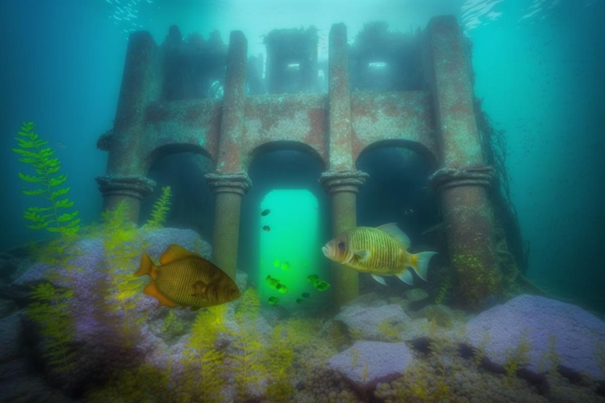 Sunken medieval castle, sunken armor, colorful fish underwater