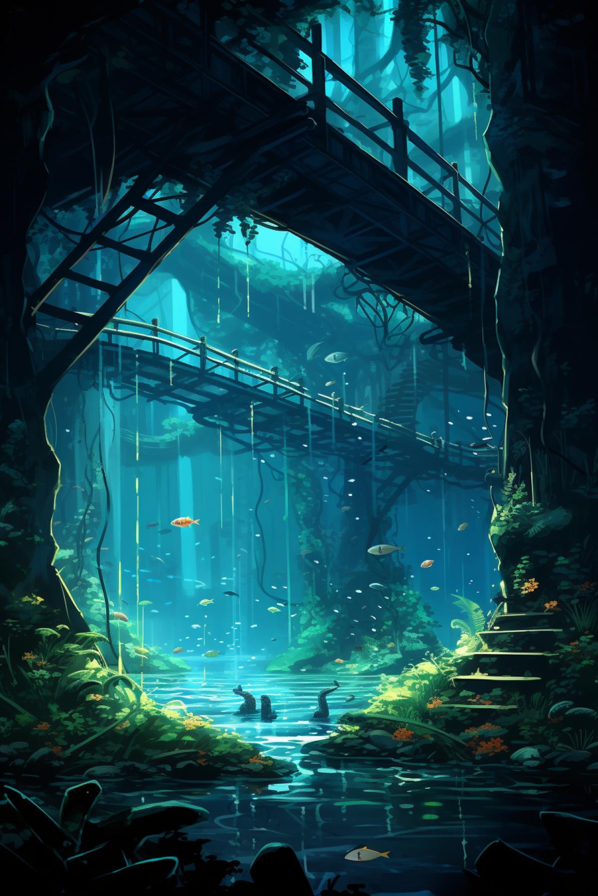 the painting shows a bridge, and some of the plants on the bridge, in the style of nightcore, intricate underwater worlds, makoto shinkai, dark sky-blue and cyan, impressive panoramas, greg rucka, carnivalcore