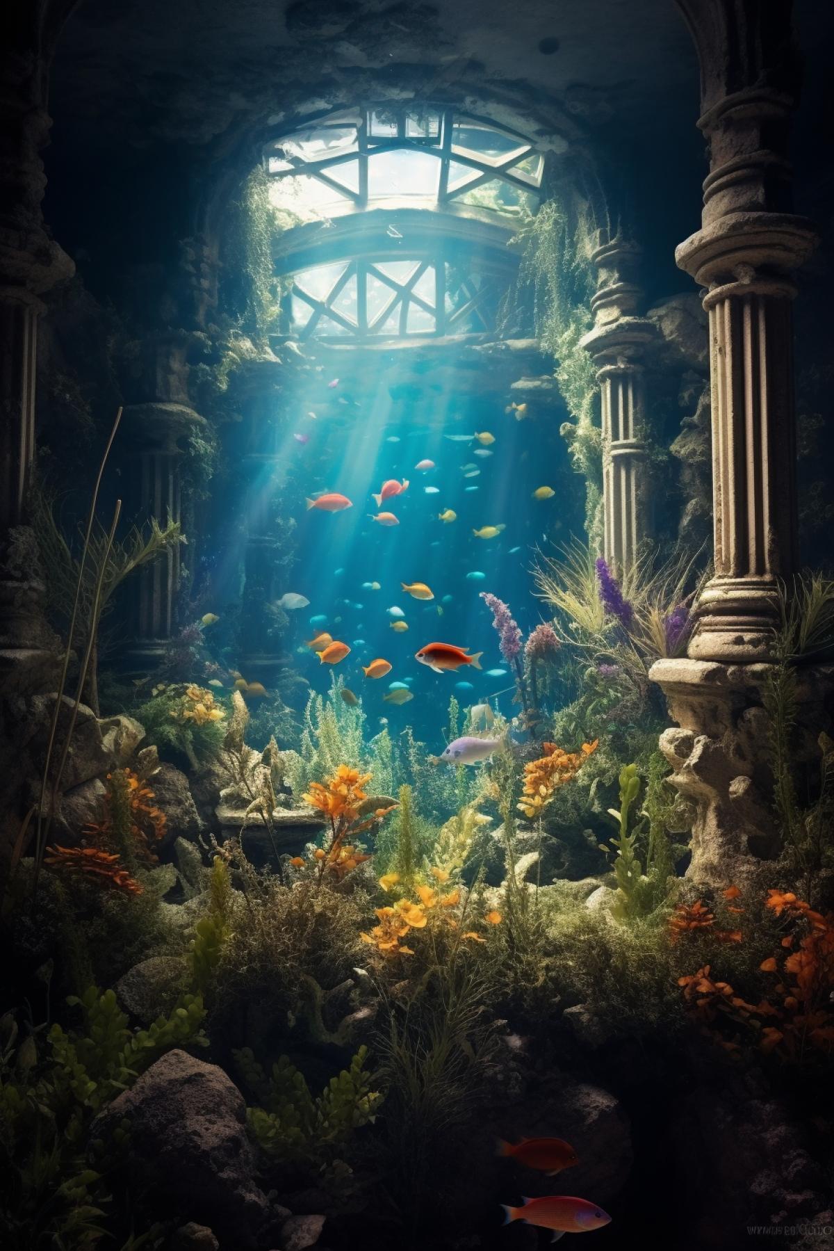 a colorful underwater scene with some plants and fish, in the style of fantastical ruins, light dark and blue, alain laboile, vibrant stage backdrops, cinema shot