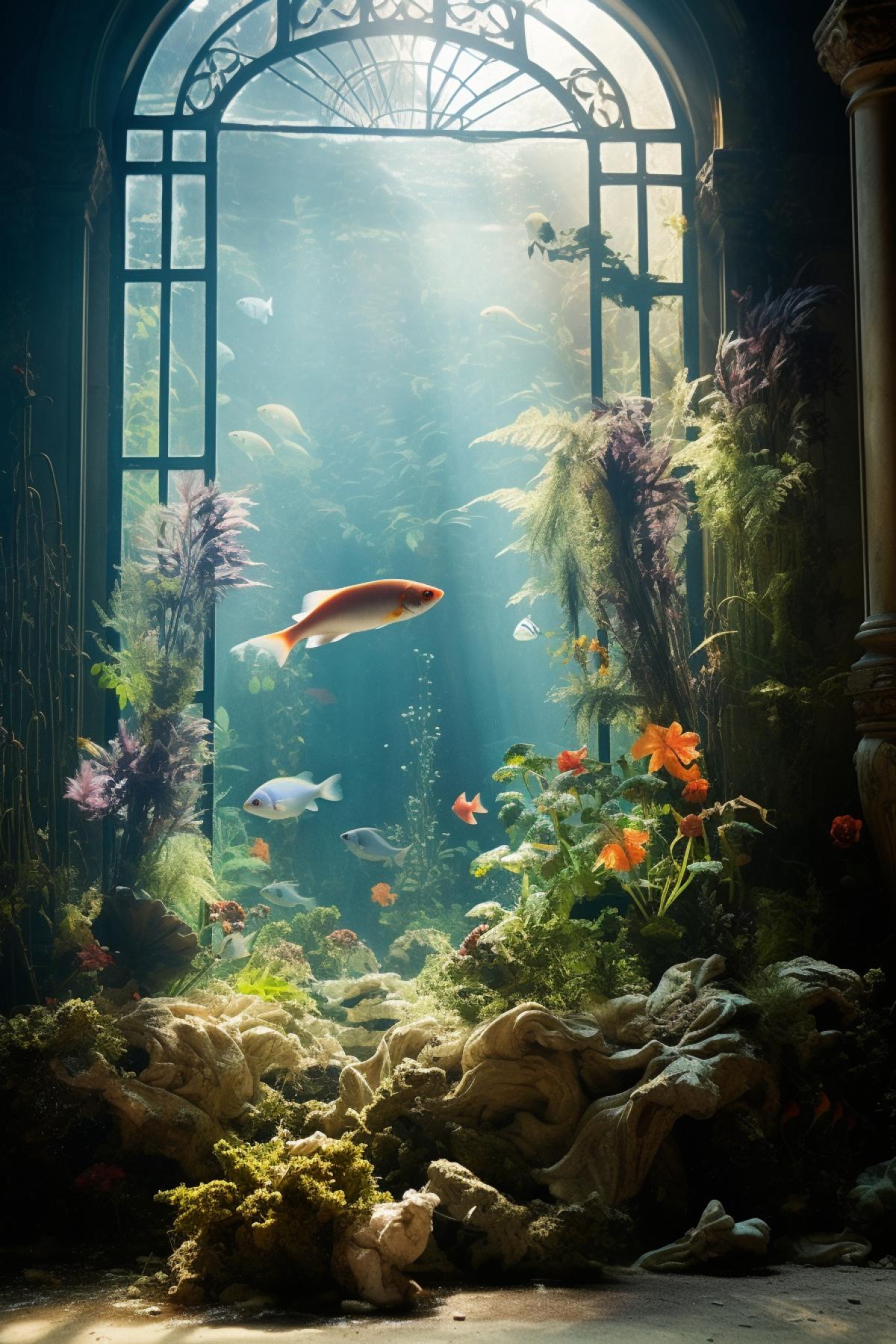 a colorful underwater scene with some plants and fish, in the style of fantastical ruins, light dark and blue, alain laboile, vibrant stage backdrops, cinema shot