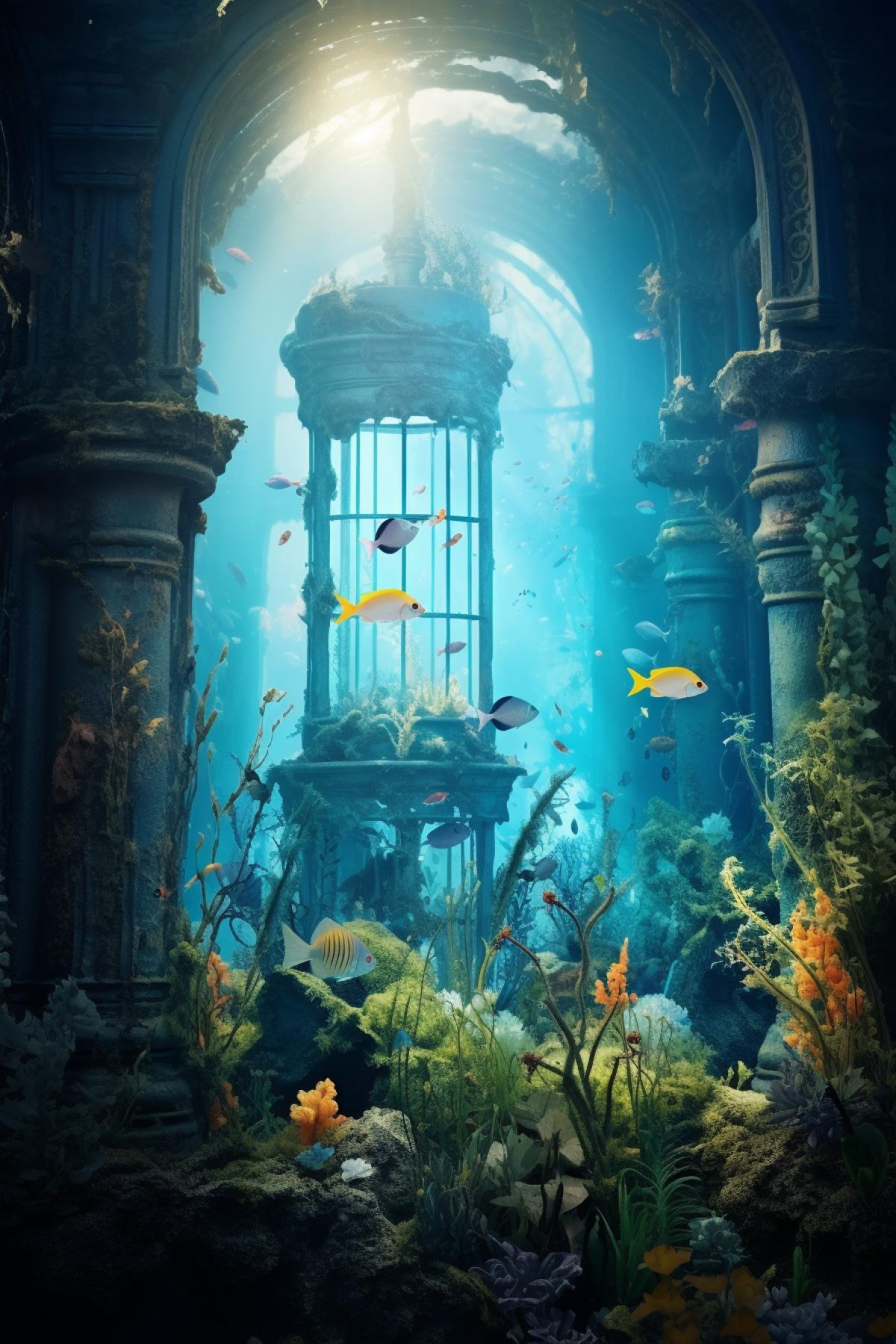 a colorful underwater scene with some plants and fish, in the style of fantastical ruins, light dark and blue, alain laboile, vibrant stage backdrops, cinema shot