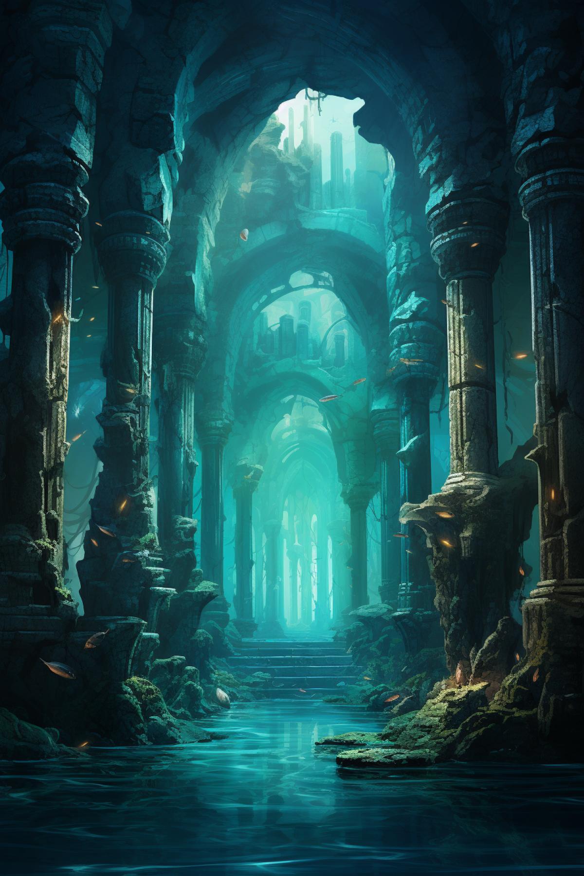a scene about an underwater cave, in the style of fantastical ruins, hyper-realistic details, light dark and teal, columns and totems, portraitures with hidden meanings, junglecore, rusty debris