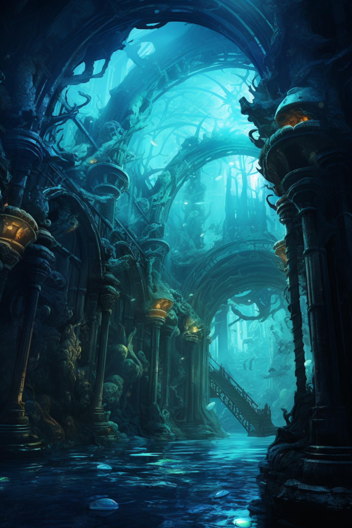 a subway station with an underwater view, in the style of marc silvestri, gothic grandeur, henryk gotlib, cybermysticsteampunk, cold and detached atmosphere, intricate underwater worlds, cinema shot