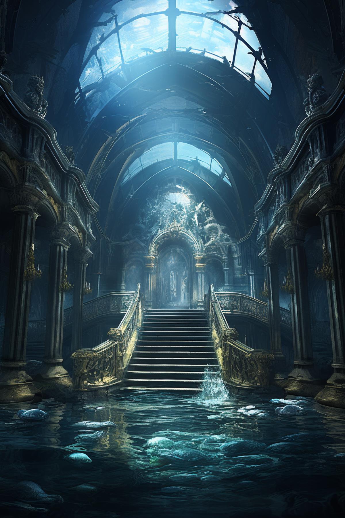 a subway station with an underwater view, in the style of marc silvestri, gothic grandeur, henryk gotlib, cybermysticsteampunk, cold and detached atmosphere, intricate underwater worlds, cinema shot