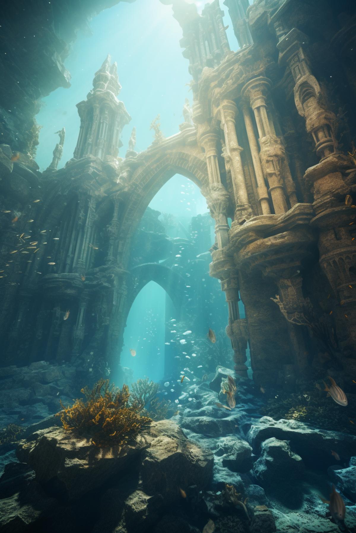 underwater ruins, in the style of gothic steampunk, impressionistic city scenes, cinema shot