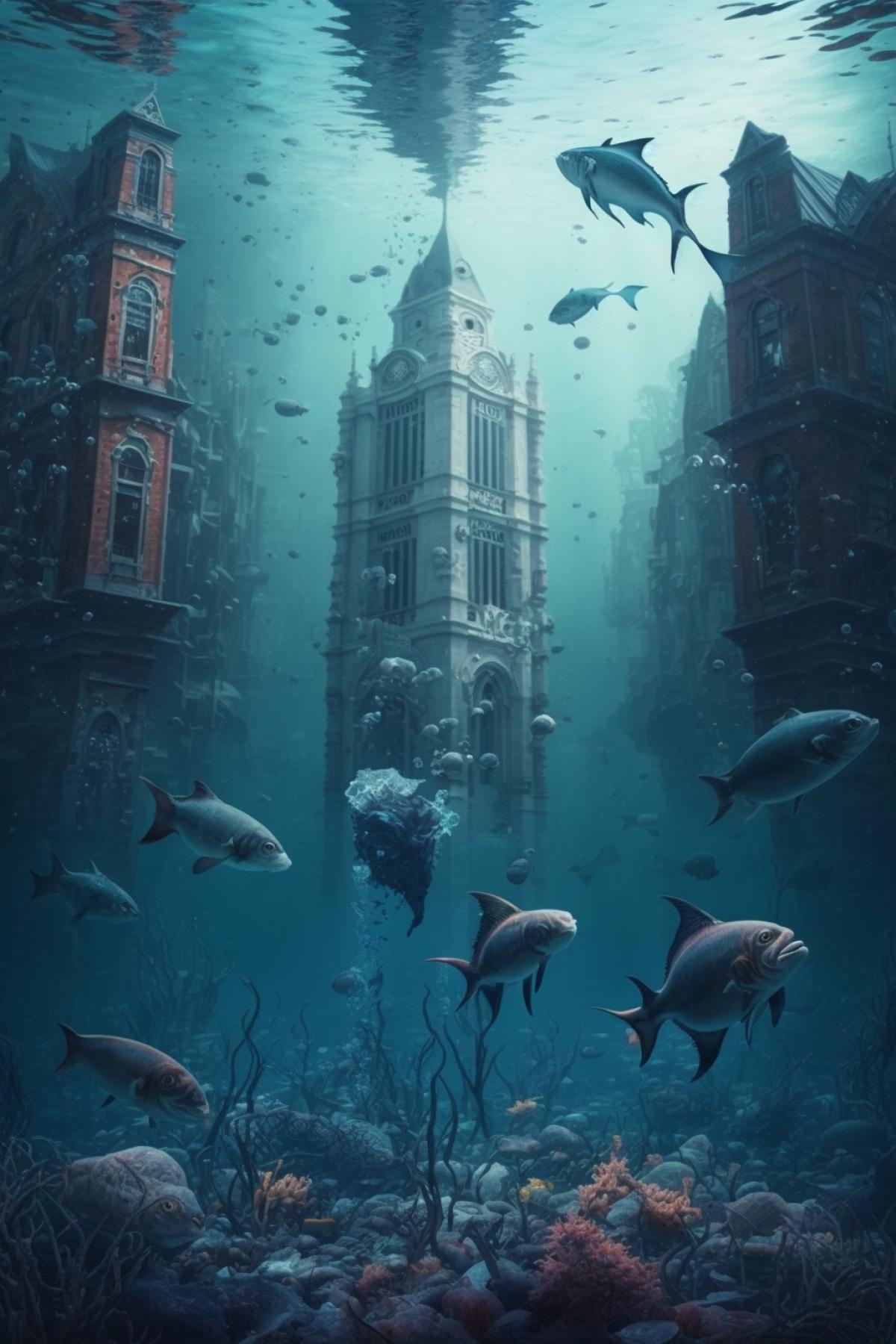 flooded city under water surrounded by corals and fish