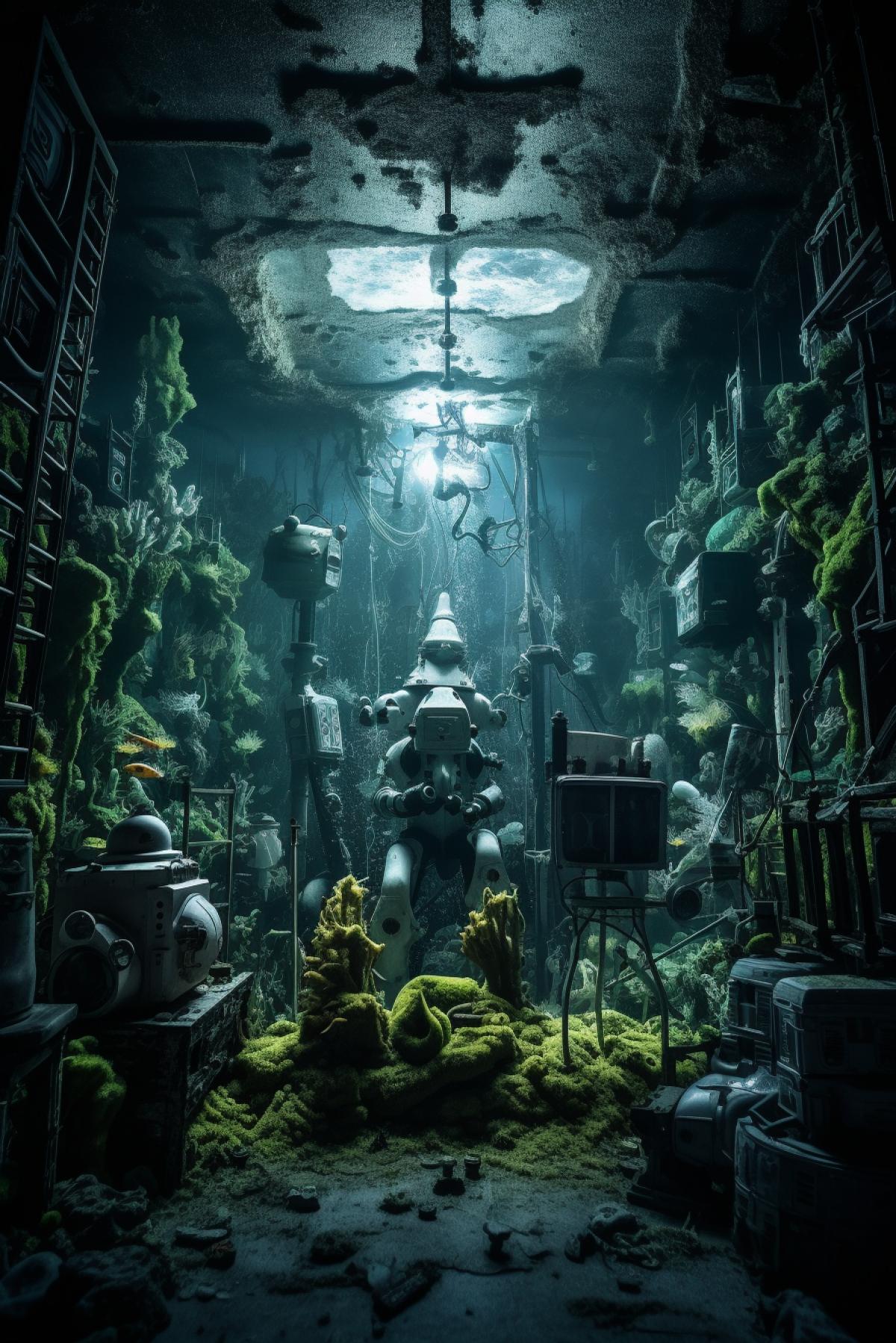 Underwater abandoned secret laboratory, horror, gothic, skeletons, underwater light, photorealistic, cinema shot, cold atmospheres, underwater world, hyper-realistic details