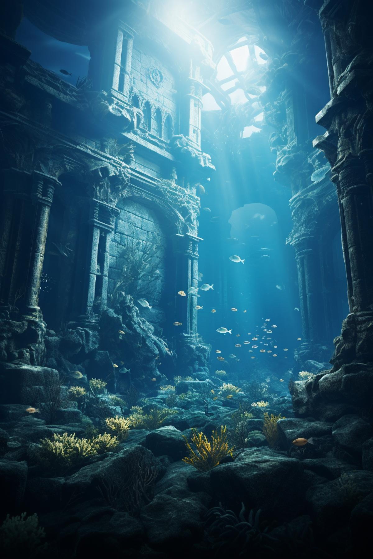 Submerged ancient city, broken statues front , underwater plants, fishes, fantastic architecture, corals, gothic, mystic, beautiful light, dark colours, high detailed
