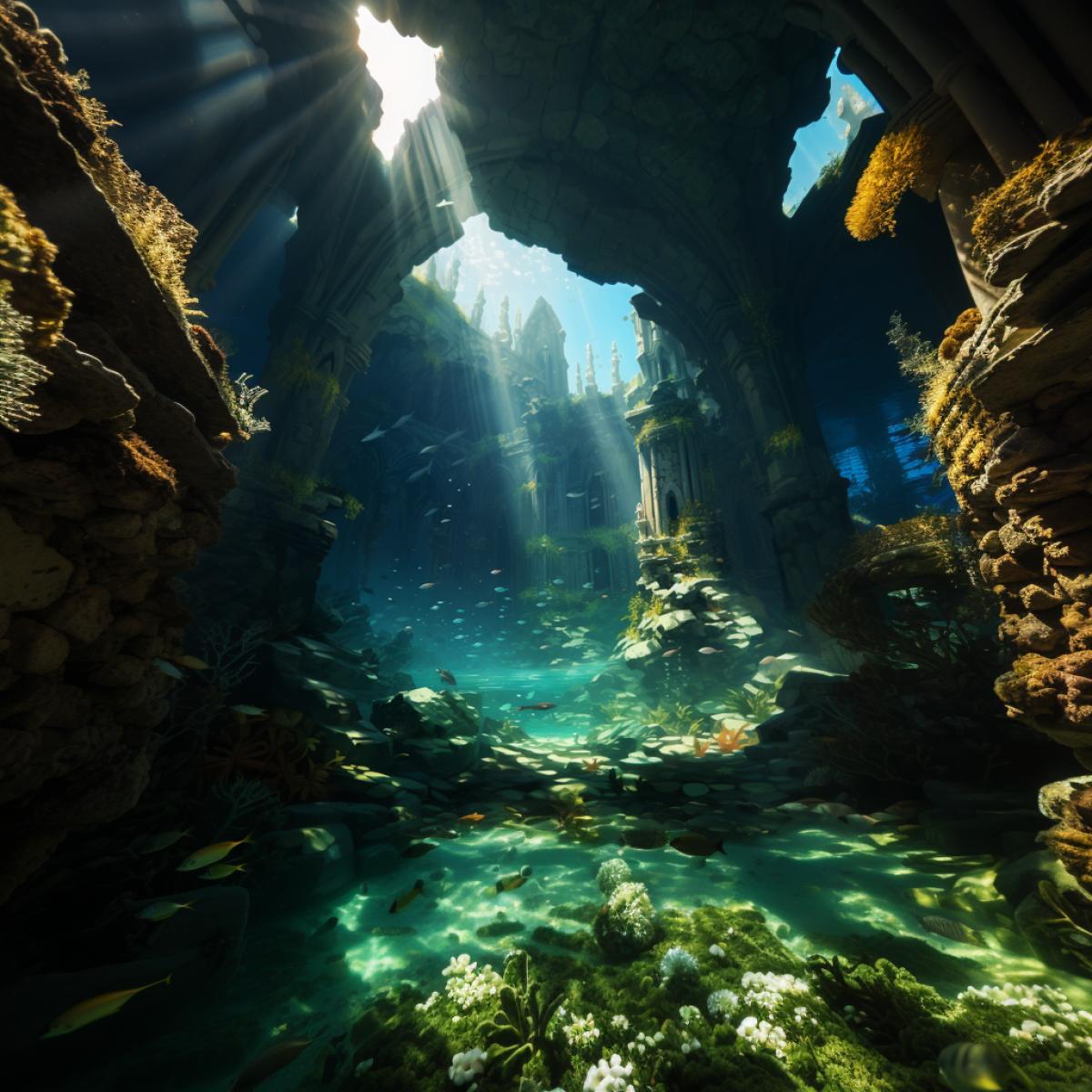 An ancient sunken city, everything is under water, tall old buildings in green mud, sunlight breaks through the layer of water, small fish swim. Photo