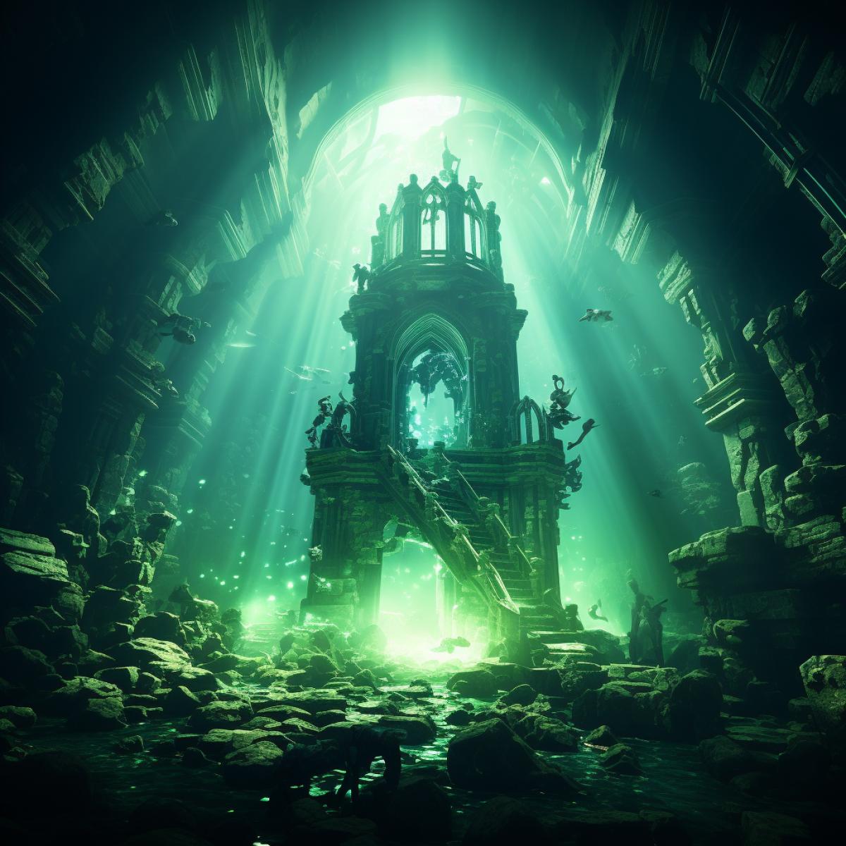 A creepy underwater city, everything that hides the bottom of the ocean, the light luxuryly breaks through the water column